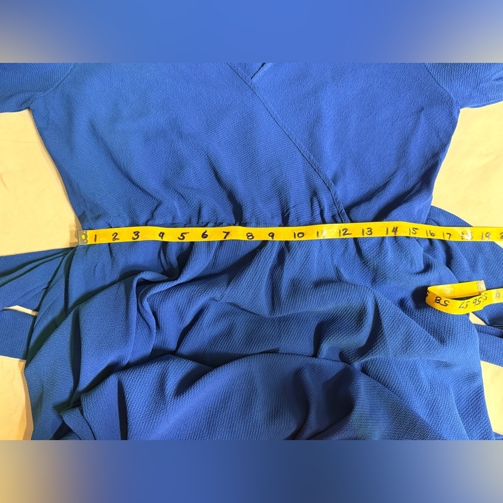 MEGHAN L.A. Royal blue long sleeve faux wrap FABULOUS LILYPAD midi dress size L. - Picture 15 of 16